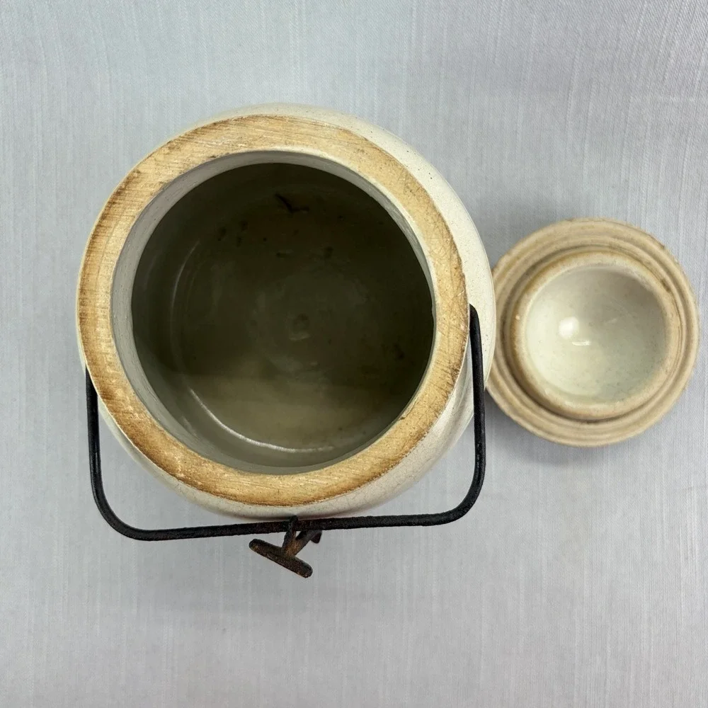 Vintage April Fool Stoneware Crock Jar with Lid & Wire Bail Handle Off-White